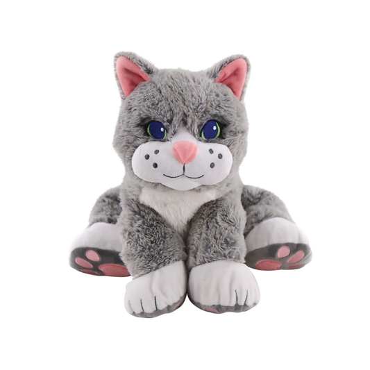 Chloe Cat a grey and white weighted plush furry cat with pink features. Very cute with blue eyes.