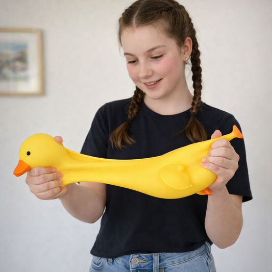 Girl stretching Jumbo Squishy Duck