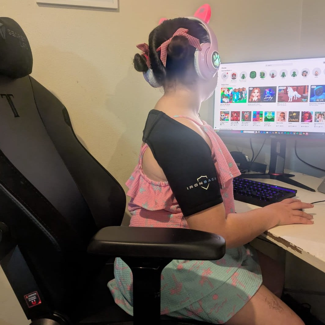 Girl wearing The Ironback Postural support for deep pressure input