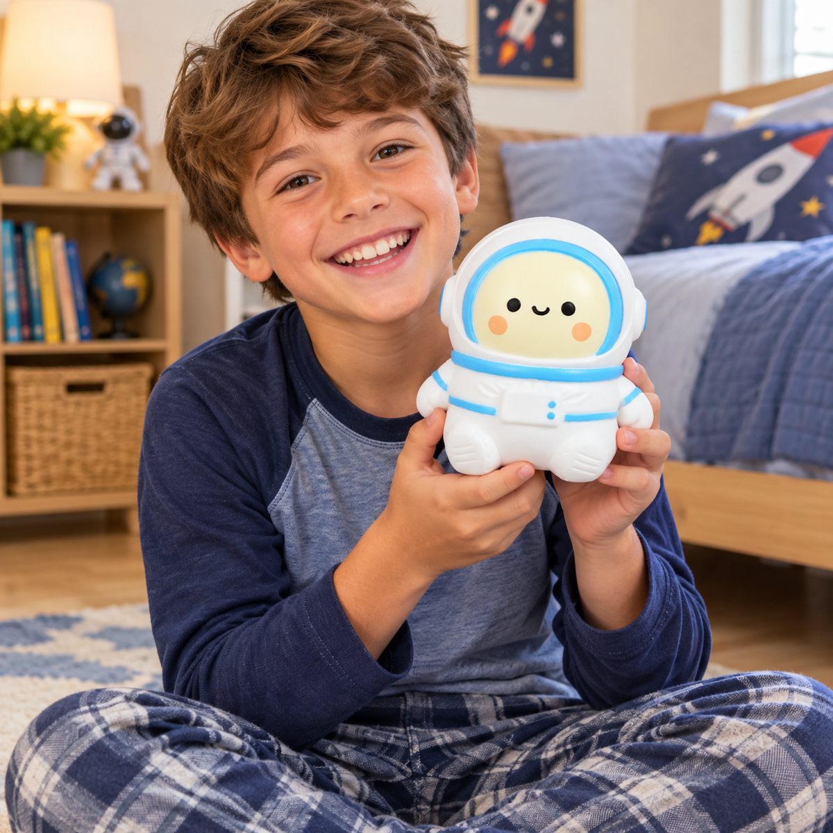 Boy holding Jumbo Astronaut Squishy