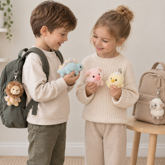 Kids with blossom buddy plush on bags