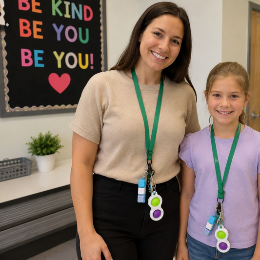 female teacher and student wearing green lanyards with 3 fidgets on the end of them