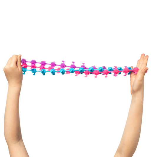 blue, pink, purple stretchy caterpillars being stretched by kids hands