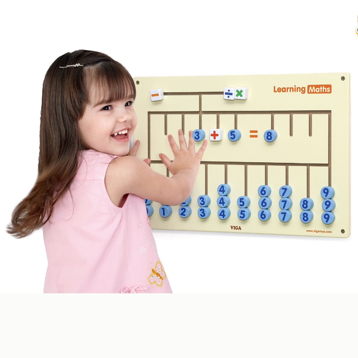 girl using VIGA Wooden wall game Maths Learning