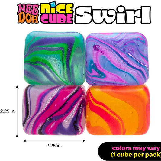4 needoh swirls, showing measurements of the cubes 2.25inches  square