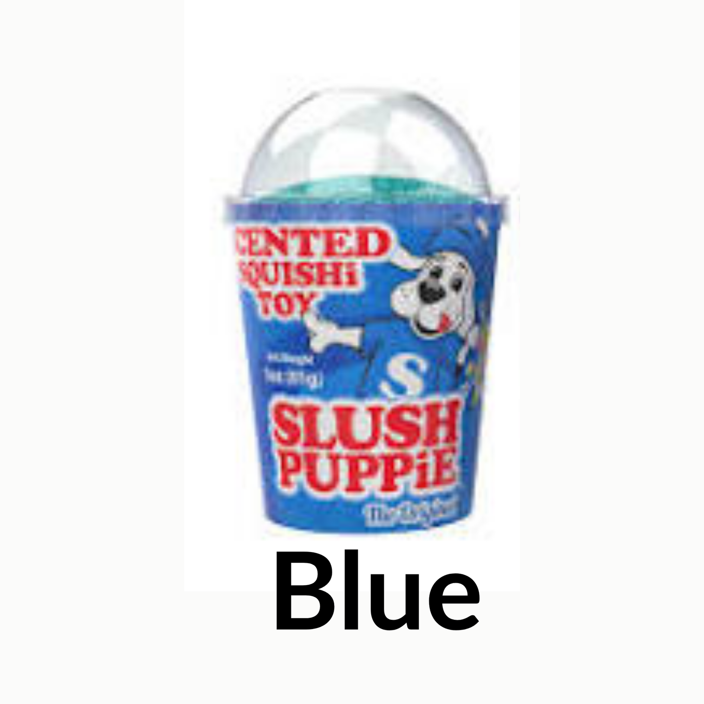 Blue Slush Puppie toy packaging with a clear lid on a white background.