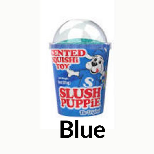 Blue Slush Puppie toy packaging with a clear lid on a white background.