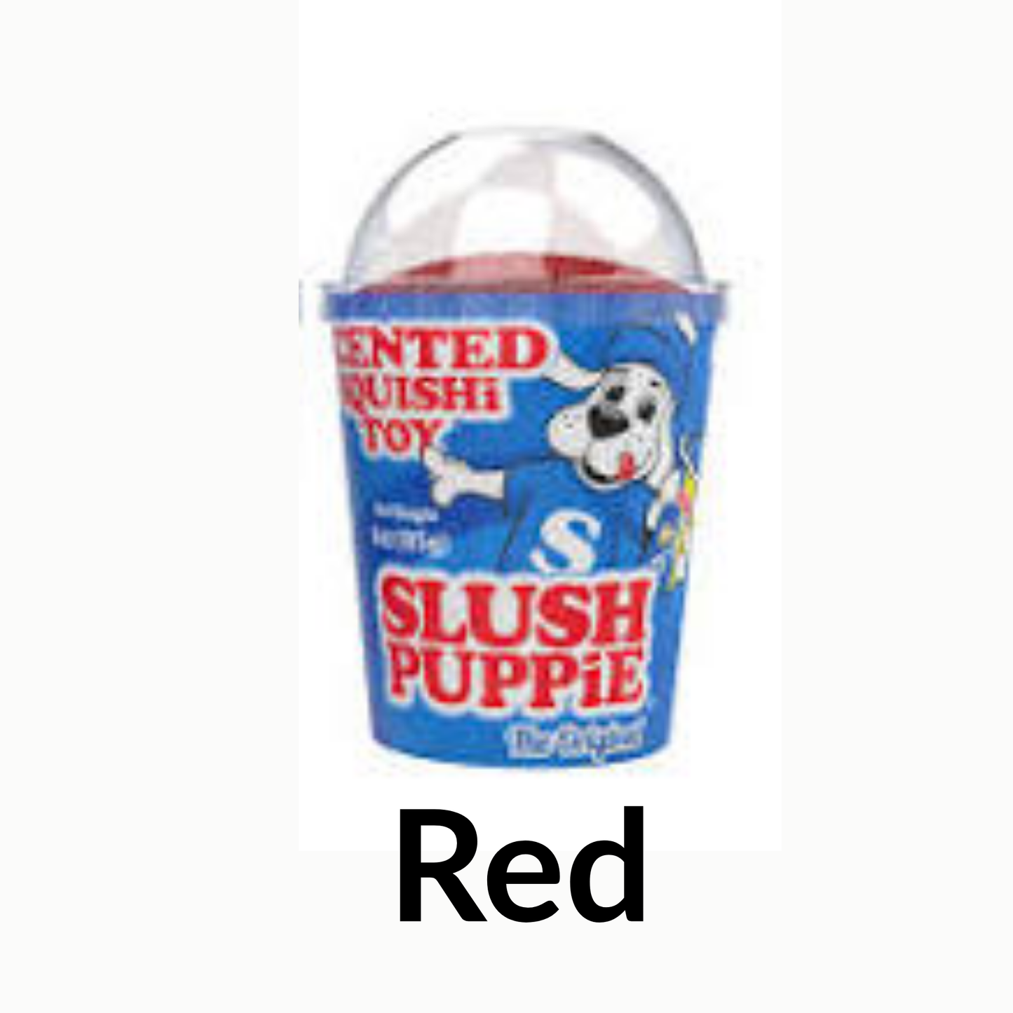 Red Slush Puppie squishy toy packaging with blue label and red text on a white background