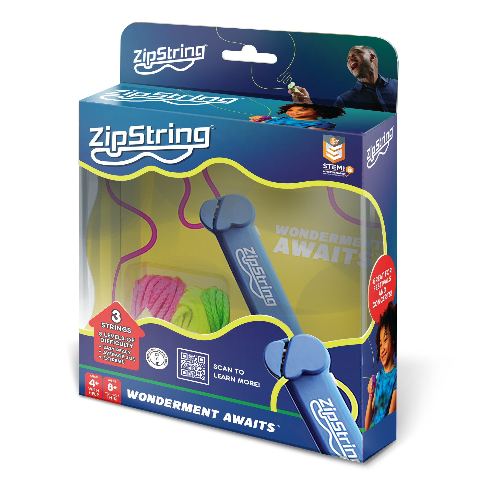 ZipString toy packaging with blue tool and colorful strings on a white background