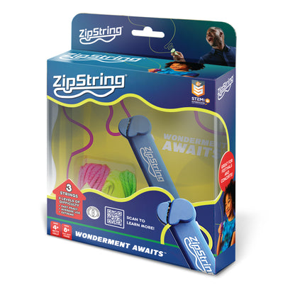 ZipString toy packaging with blue tool and colorful strings on a white background