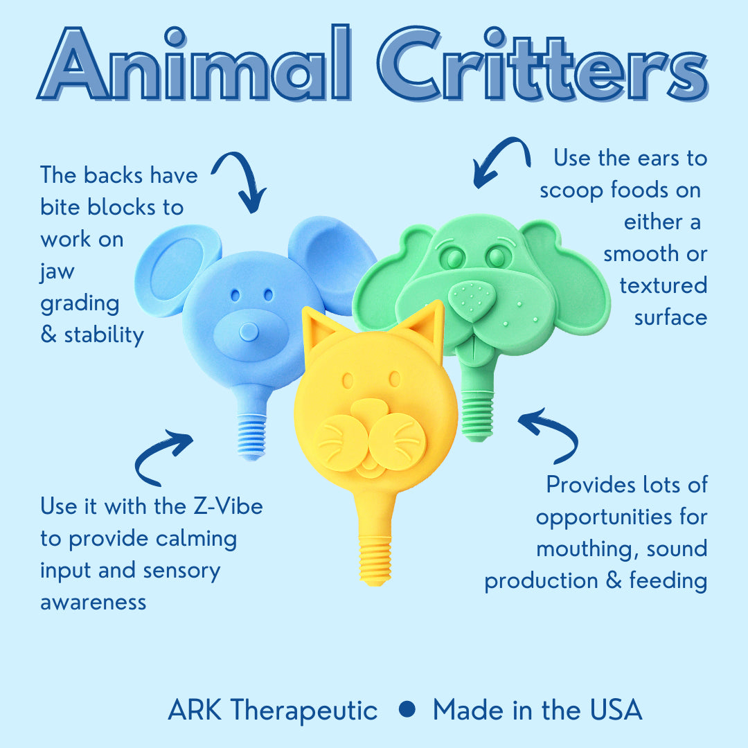 Promotional graphic for ARK Therapeutic Animal Critters, showing three animal-shaped silicone oral training toys: a blue elephant, a green dog, and a yellow cat, with arrows and text explaining features and use on a light blue background.