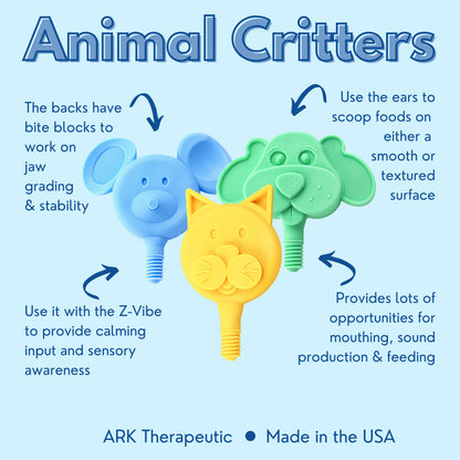 Promotional graphic for ARK Therapeutic Animal Critters, showing three animal-shaped silicone oral training toys: a blue elephant, a green dog, and a yellow cat, with arrows and text explaining features and use on a light blue background.