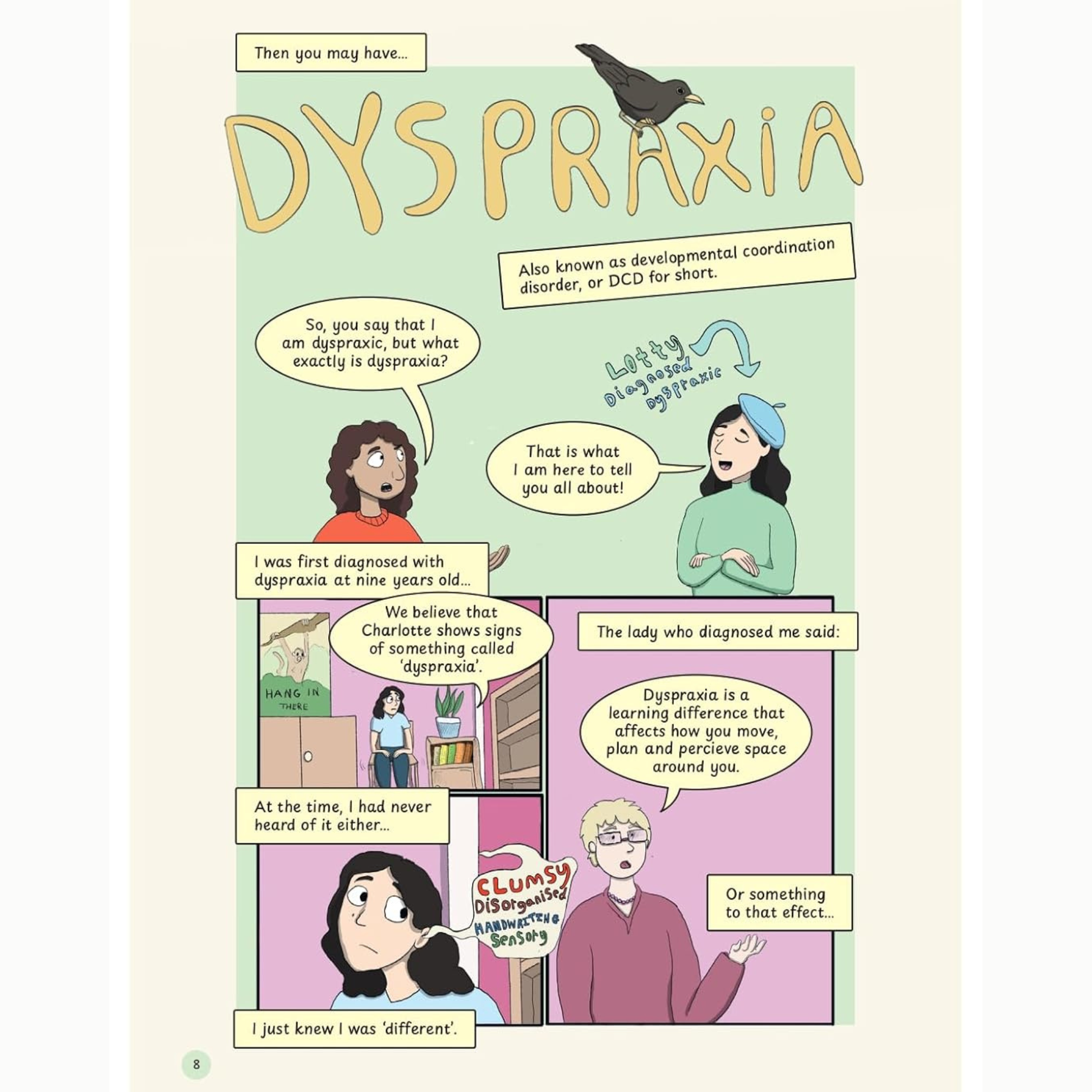 Comic strip about dyspraxia with characters discussing the condition.