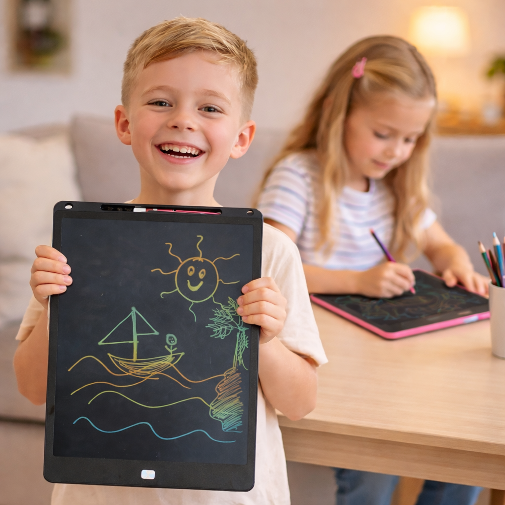 Boy holding LCD drawing tablet while girl draws in background