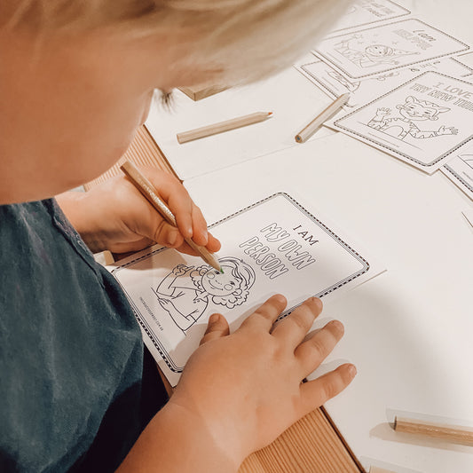 Child colouring in Creative Sprout Affirmations Colouring Cards