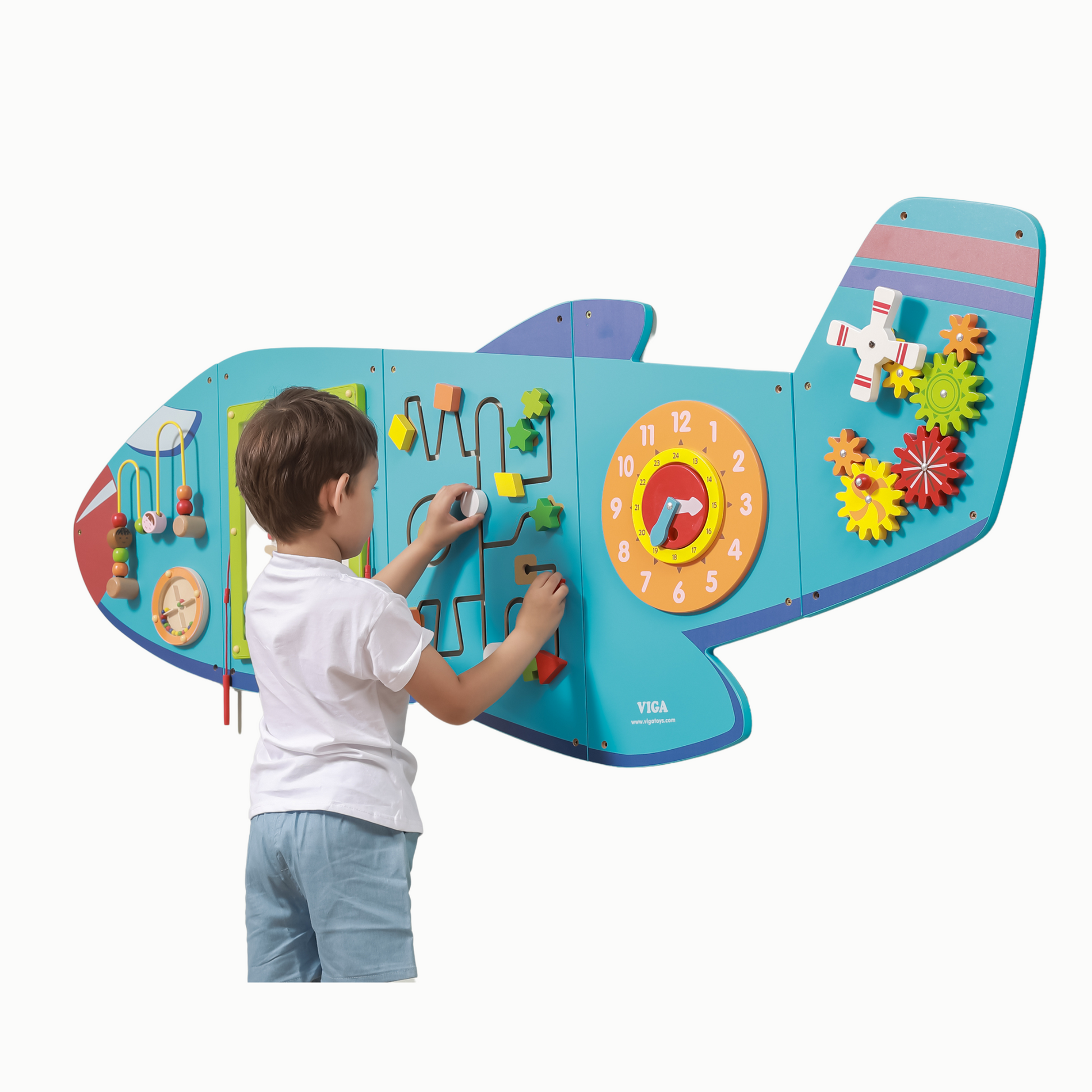 Child playing with VIGA Airplane wall activity board