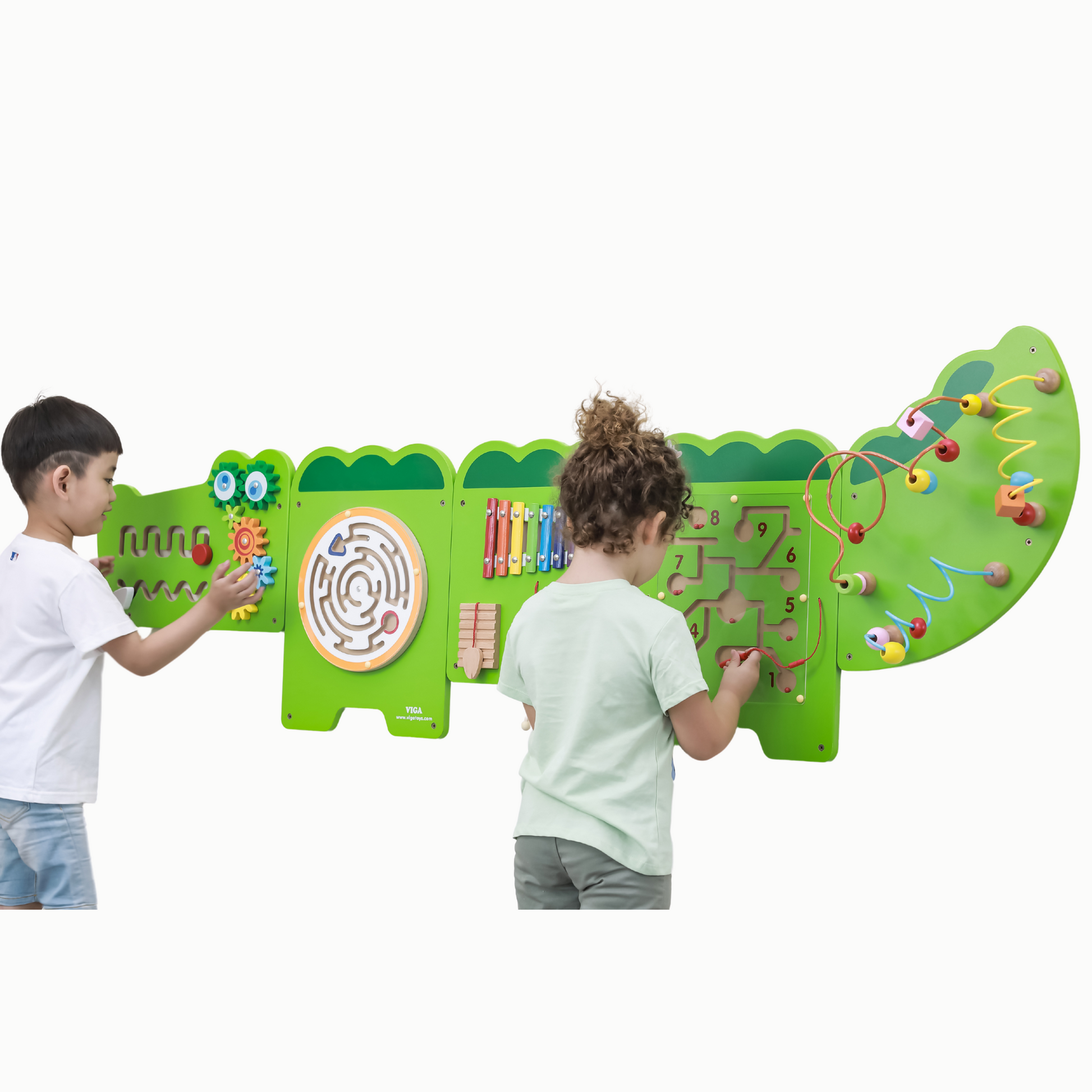 Children playing with VIGA Large Crocodile Interactive wall activity