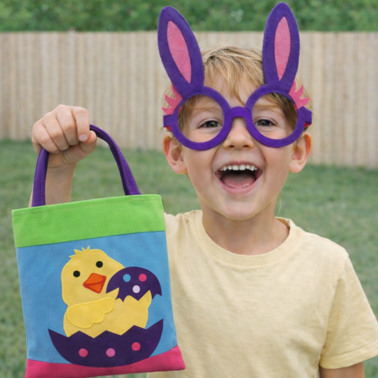 Boy doing Easter egg hunt with Hoppy Bag Easter Bundle