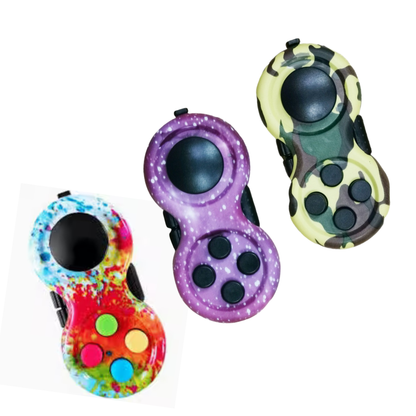 Three fidget spinner toys with different designs shown on a plain white background: a blue and red tie-dye pattern, a purple galaxy pattern, and a green and yellow camouflage pattern.