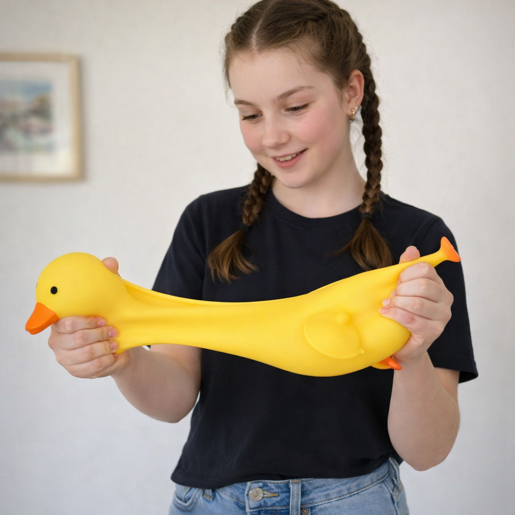 Girl stretching Jumbo Squishy Duck