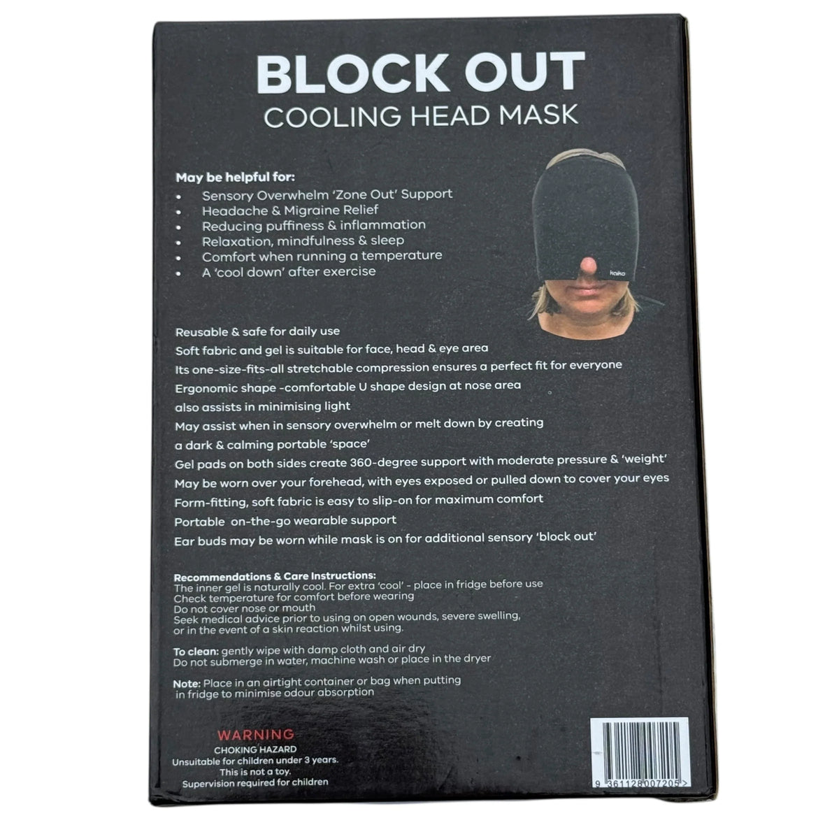 Kaiko Cooling Gel Head blockout mask back of box