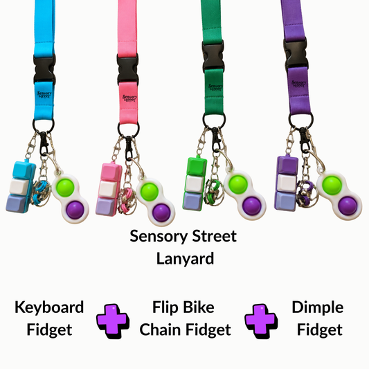4 lanyard, different colours with 3 fidgets on the end of them