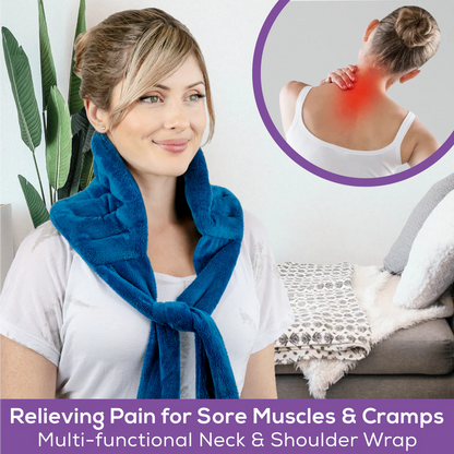 Microwaveable Heat Pack Medium Blue around woman's neck