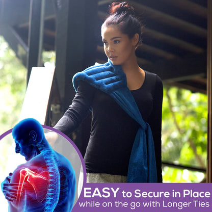 Microwaveable Heat Pack Medium Blue on shoulder