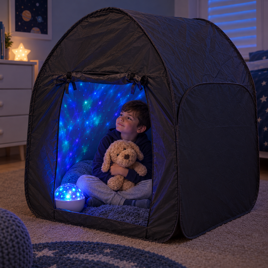 Boy sitting in black pop up tent with mini and me plush