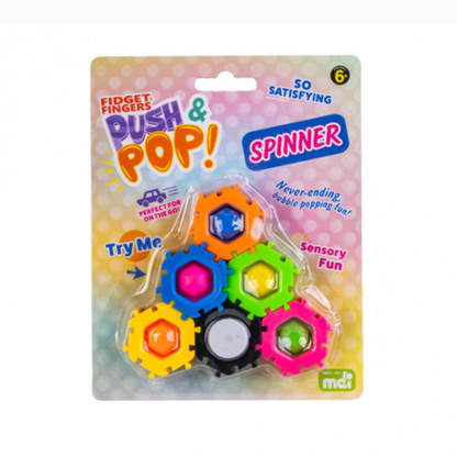 Packaged colorful fidget spinner toy with text on a white background