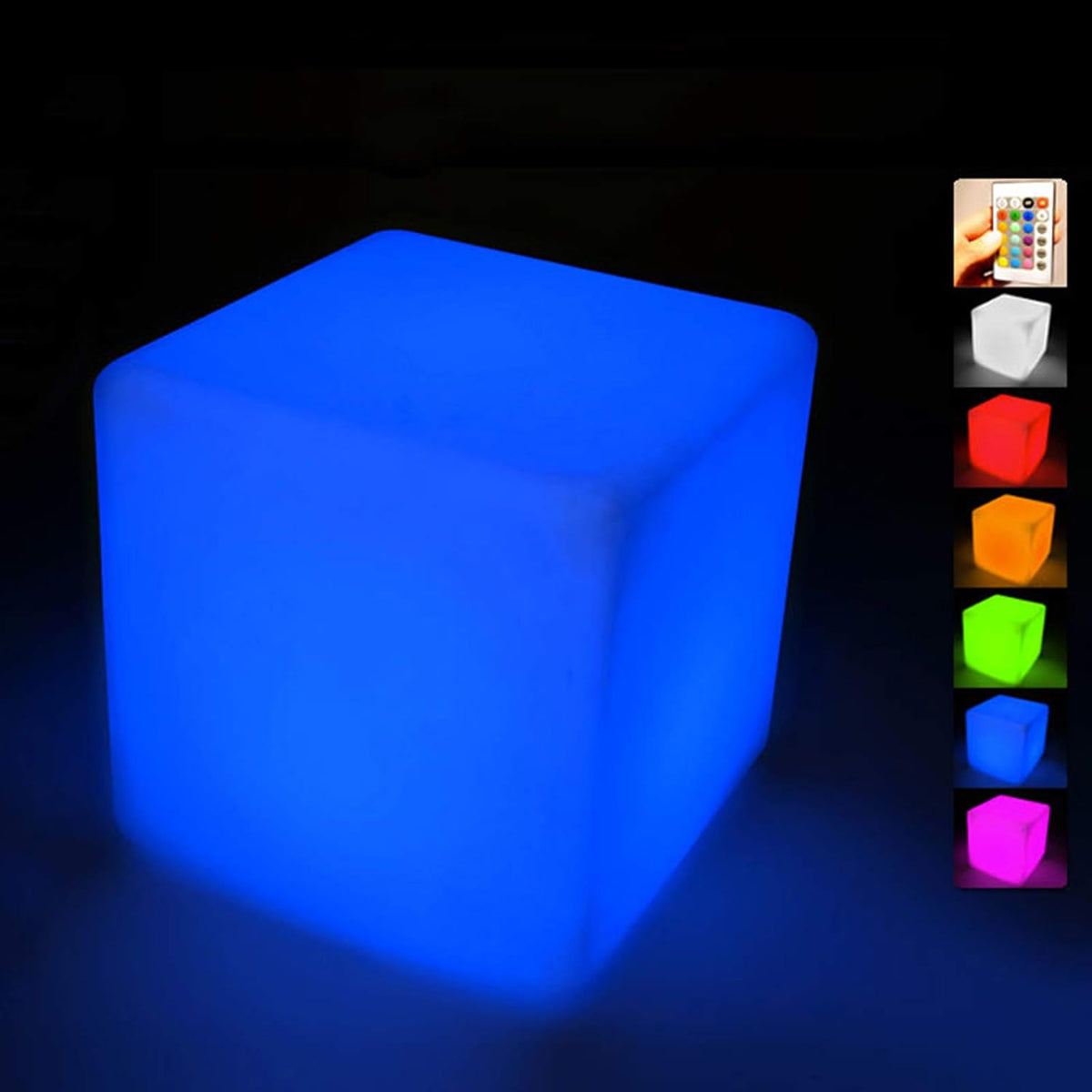 A glowing cube-shaped LED light block in bright blue, shown on a dark background with a vertical column of smaller color options on the right including white, red, orange, green, blue, and pink.