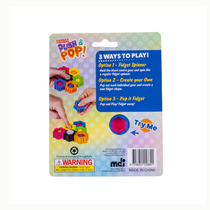 Packaged push and pop toy with colorful gears and play instructions on a white background