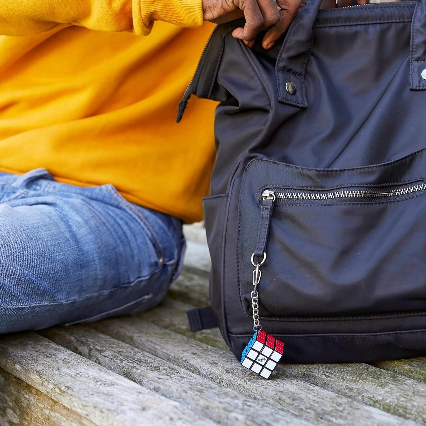 Rubik's Keychain Puzzle on backpack
