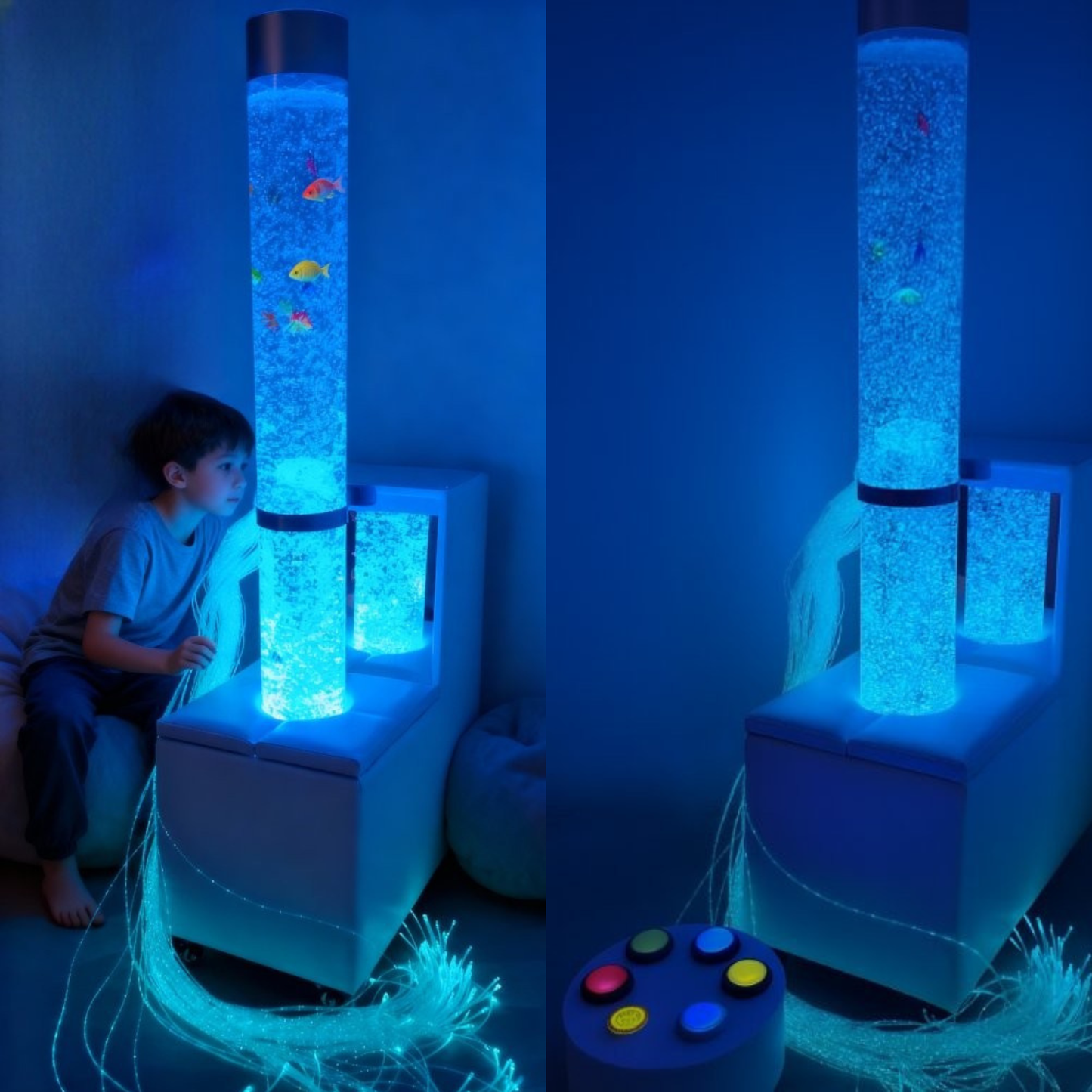 boy looking at Luponds Sensory Bubble Column Mobile Unit