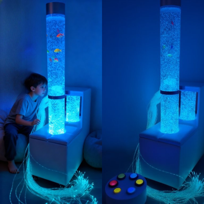 boy looking at Luponds Sensory Bubble Column Mobile Unit