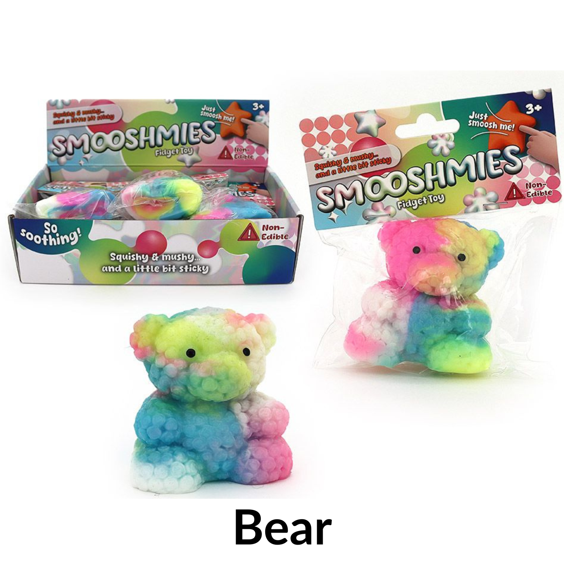 Squishie rainbow coloured bear and bear in packet.