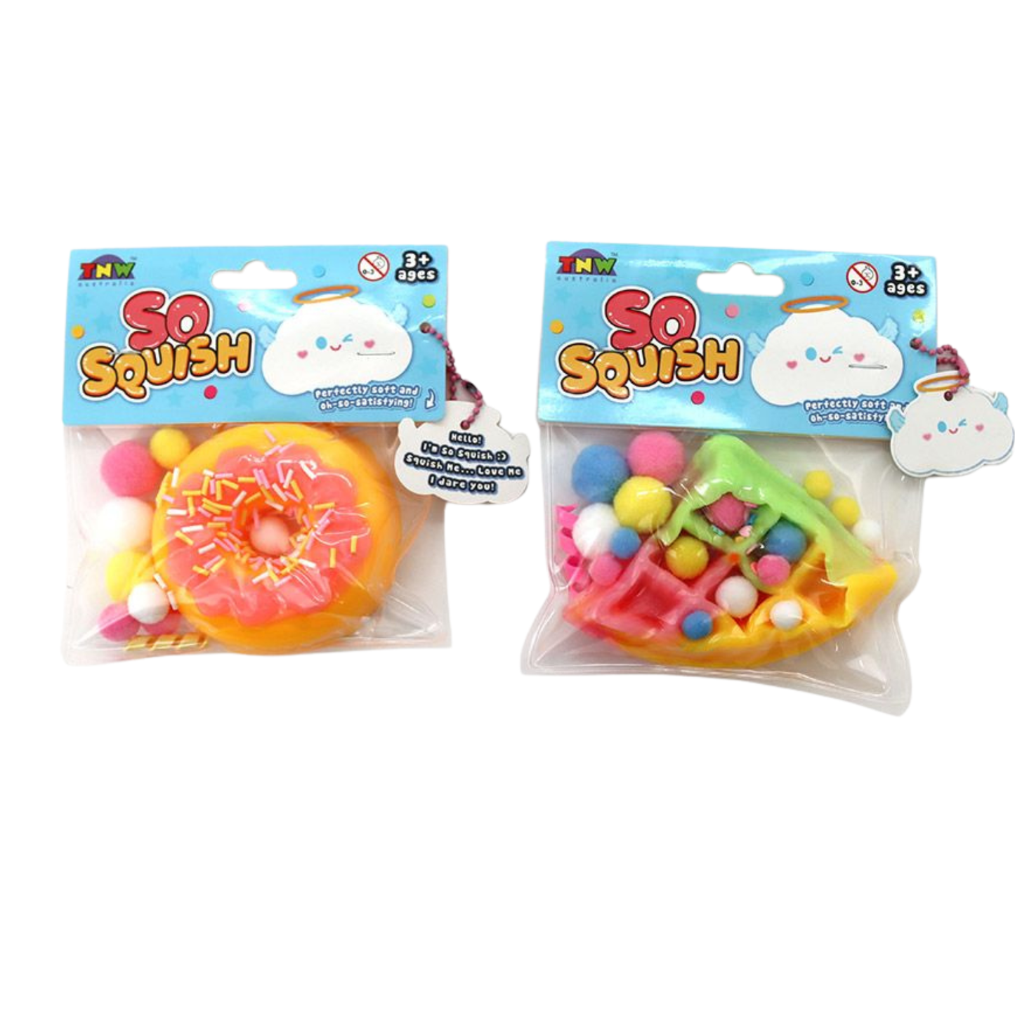 TABA So Squish Squishies in two individual Packets -Pink icing on donut, Rainbow Waffle with coloured pom poms.
