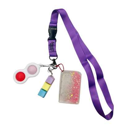 purple lanyard with 3 fidgets attached