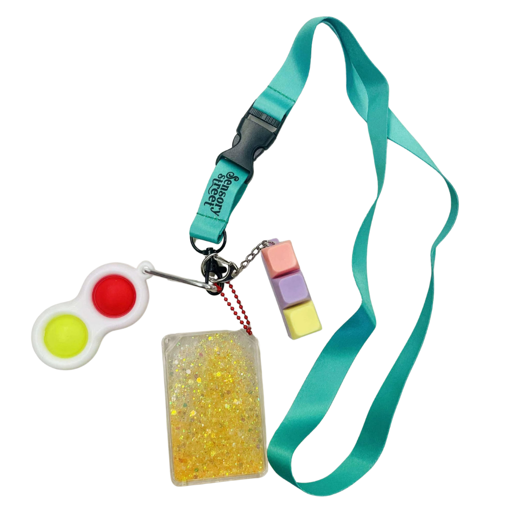 green lanyard with 3 fidgets attached