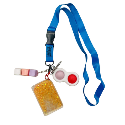 blue lanyard with 3 fidgets attached