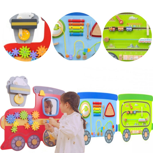 Child playing with Viga Wall Activity Panel Train