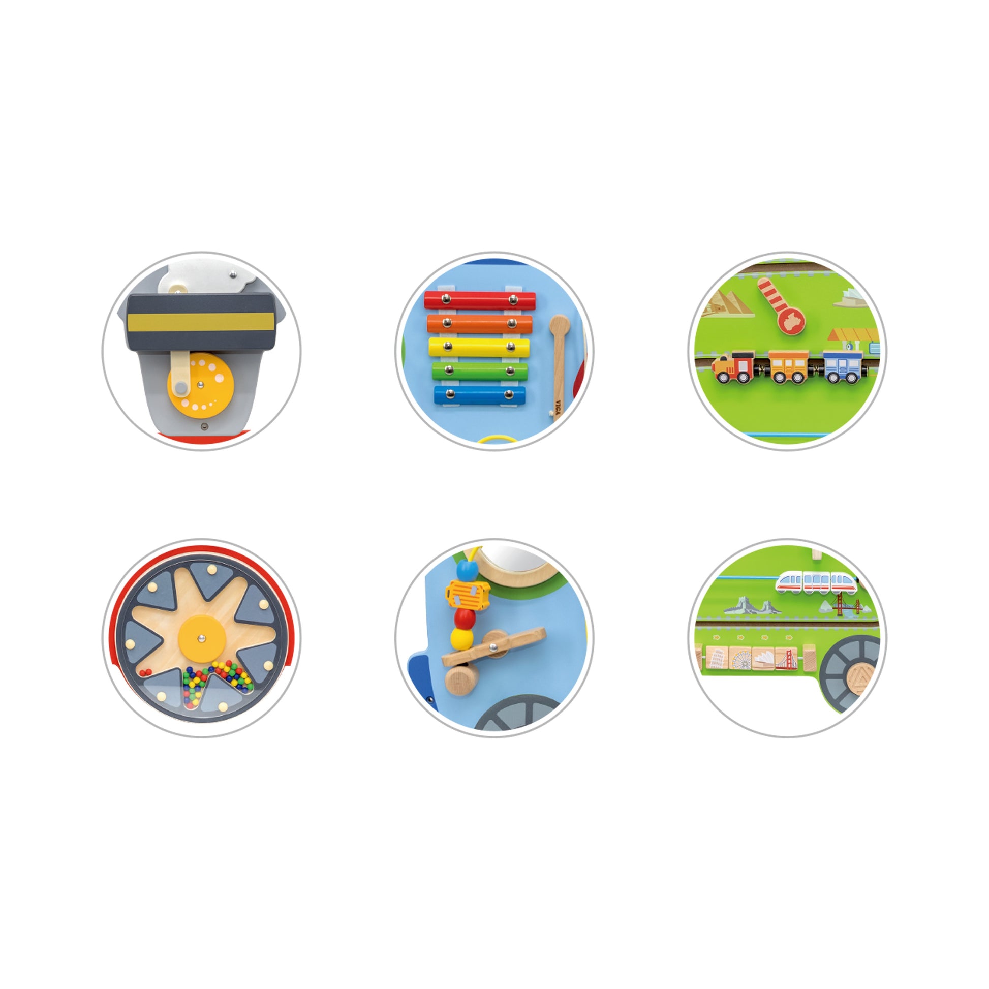 Viga Wall Activity Panel Train activities up close
