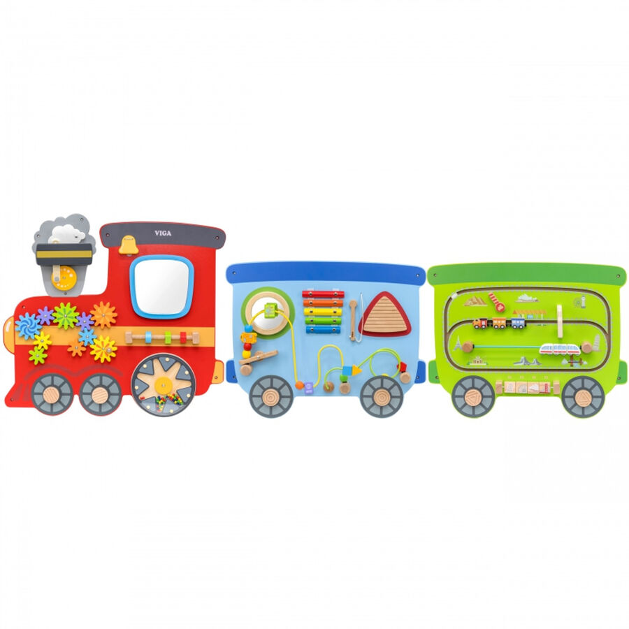 A colorful wooden train-shaped children's activity toy with three cars on a plain white background. The red front car has gear and star details, the middle car is light blue with musical and shape-sorting tools, and the green rear car has a train track and small toy vehicles.
