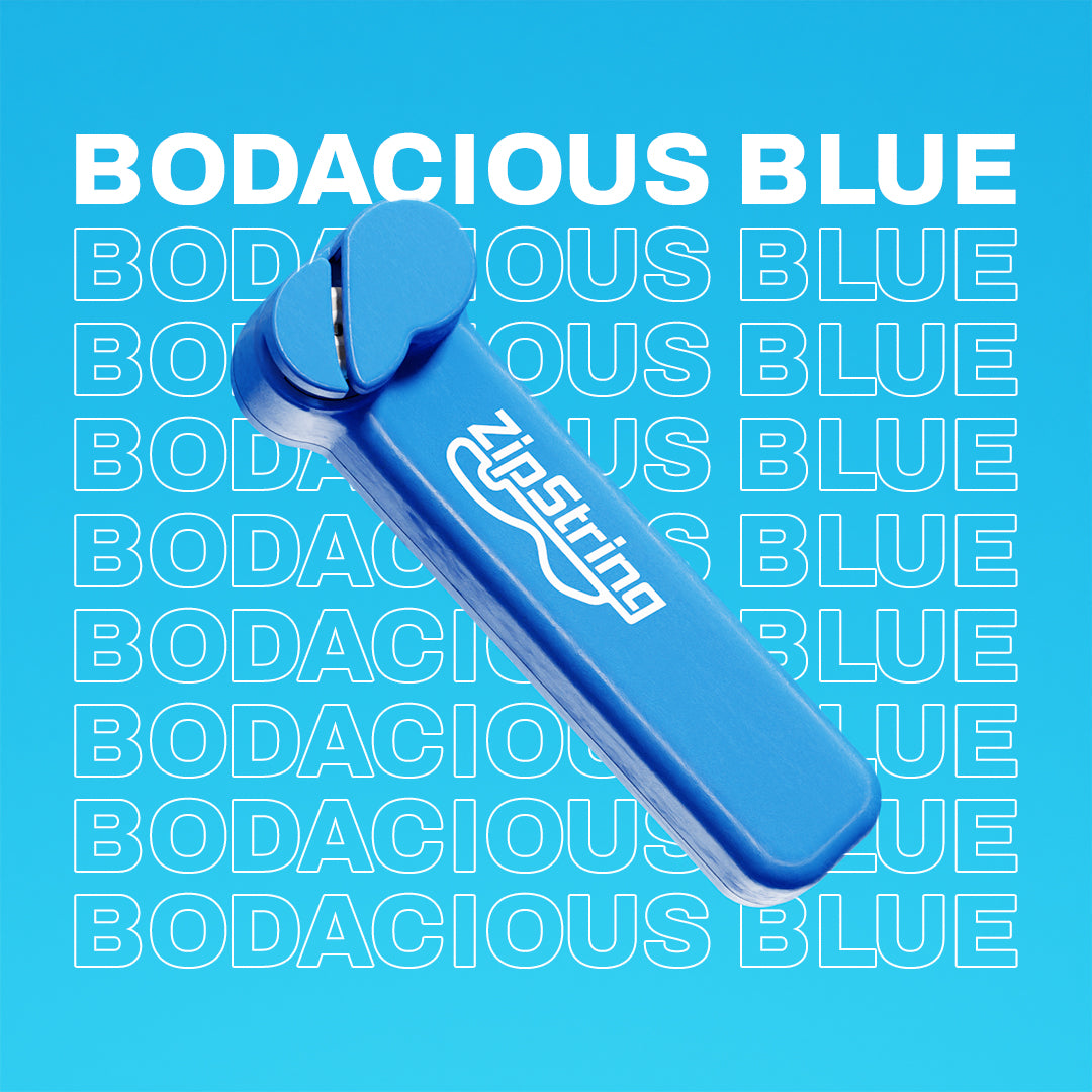 Blue guitar string tool with 'ZipString' logo on a blue background with 'Bodacious Blue' text.
