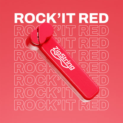 Red guitar string anchor with 'zigString' logo on a pink background with 'ROCK'IT RED' text.