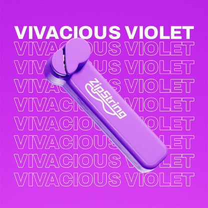 Purple guitar string holder with 'zigString' logo on a purple background with 'Vivacious Violet' text.