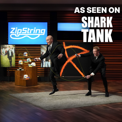 Two men on a stage with a large screen displaying 'ZipString' and text 'As Seen on Shark Tank'.