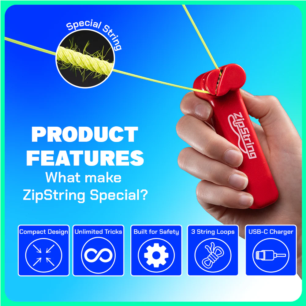 Red ZipString device held by a hand with product features highlighted on a blue background