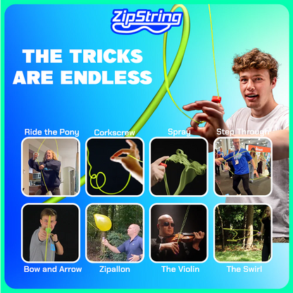 Promotional image for ZipString with various tricks and a person demonstrating.