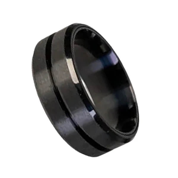 Black ring with a reflective surface on a white background fidget ring rotating
